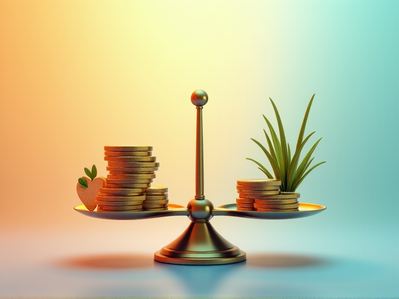 A conceptual illustration of value-based pricing, featuring a balance scale with a stack of coins on one side and a heart symbol on the other. The background includes a gradient of warm and cool tones, symbolizing the balance between cost and value. The image conveys the idea of fair and meaningful pricing in healthcare.