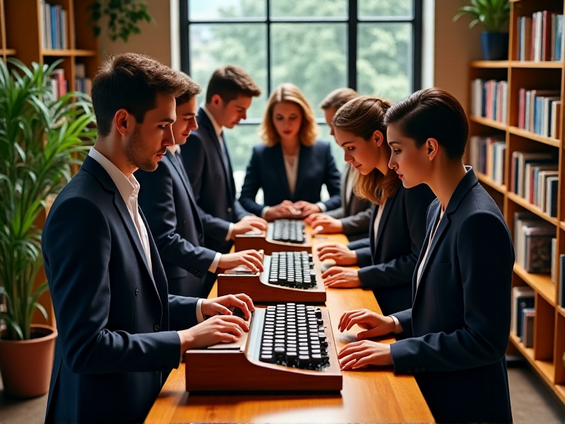 A group of four corporate employees gathered around a vintage typewriter in a cozy office lounge, taking turns typing on the machine. The scene is illuminated by soft natural light from large windows, with bookshelves and potted plants in the background, creating a warm and inviting atmosphere.