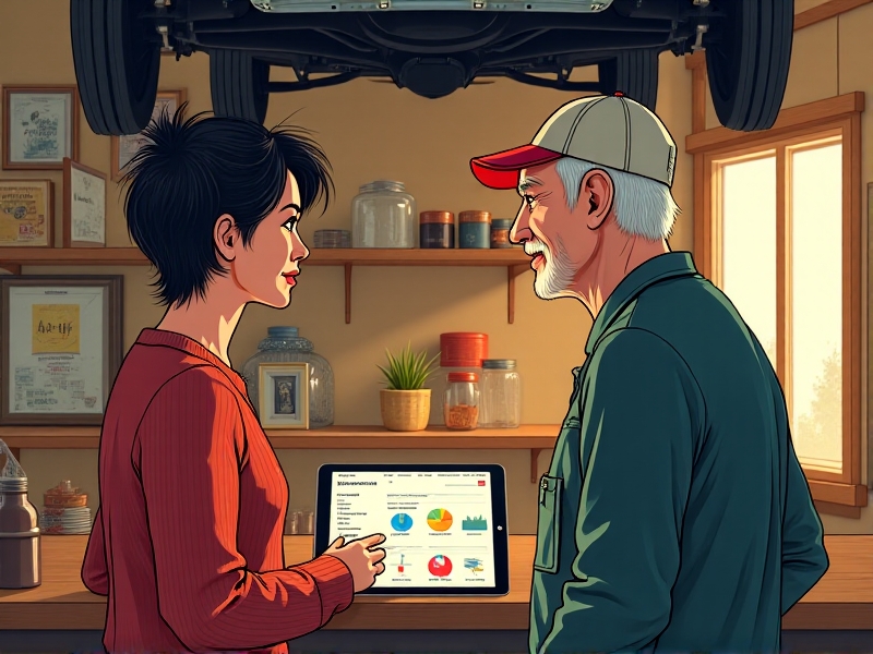 A detailed illustration of a service technician interacting with a customer in a cozy, well-lit repair shop, with personalized repair recommendations displayed on a tablet, highlighting the importance of tailored service in building strong customer relationships.