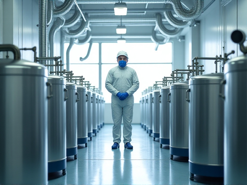 An image depicting strategies to prevent cross-contamination in a multi-tank setup. The scene shows tanks separated by barriers, with ventilation systems directing airflow away from neighboring units. The lighting is bright and clinical, emphasizing cleanliness and precision. The colors are neutral, with white and silver tones dominating, creating a sterile and controlled environment.