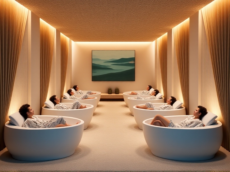 A professional float therapy center with multiple tanks, soft lighting, and a calming ambiance, showcasing a welcoming environment for corporate clients.