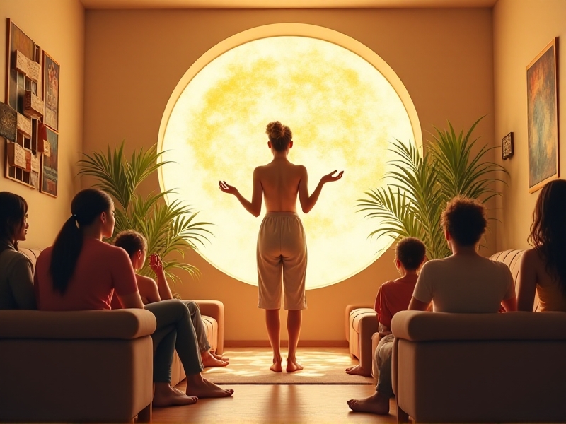 A candid photo of a float therapy founder sharing their story with a group of attentive customers in a cozy, well-lit space. The image captures the emotional connection and authenticity that storytelling brings to branding.