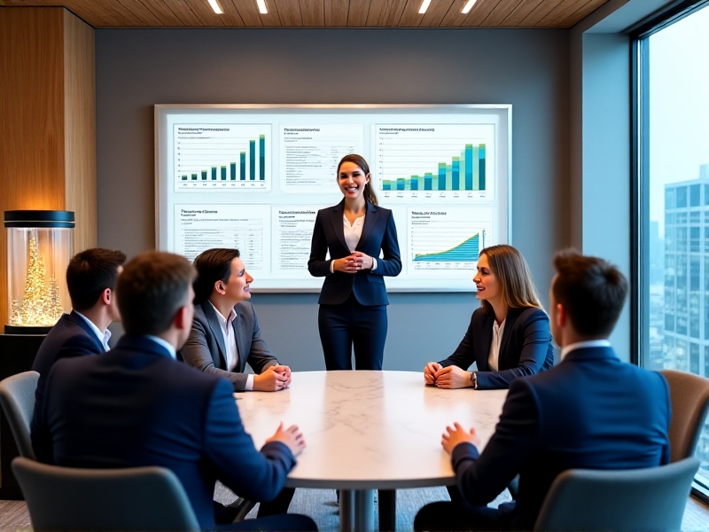 A happy franchise owner discussing business strategies with a team of professionals in a well-lit, modern office, with charts and graphs on the wall highlighting the success of multi-unit ownership.